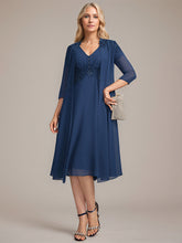 A-line V-Neck Knee-Length Chiffon Lace Mother of the Bride Dress With Pleated Beading Sequins